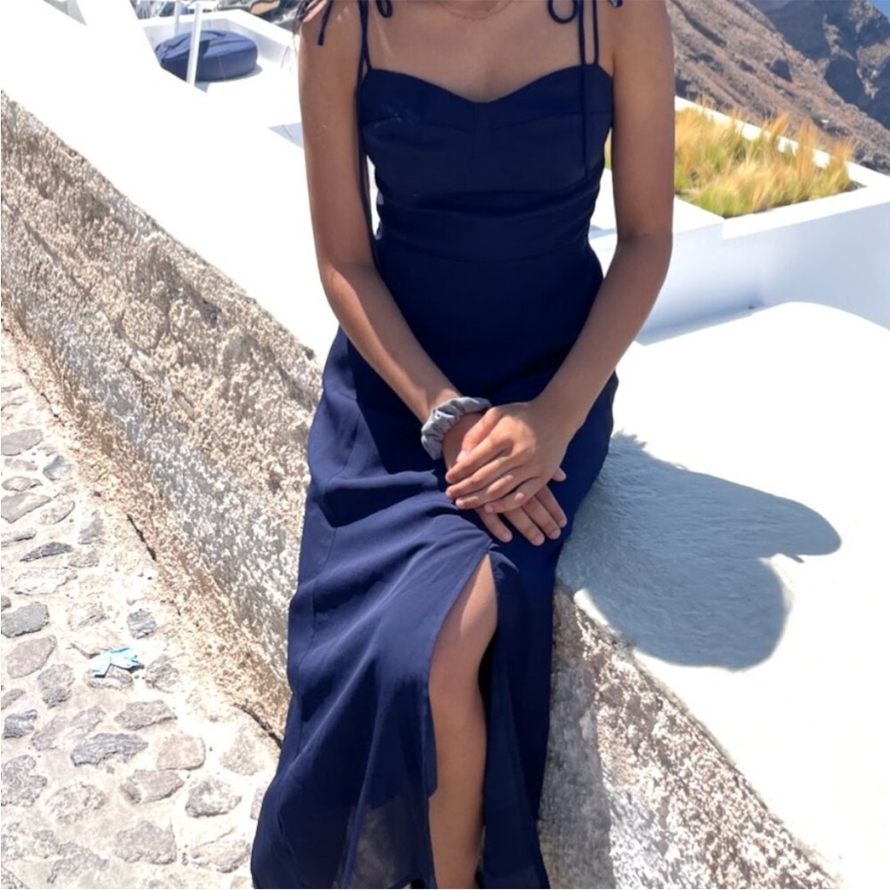 Commense Small Navy Blue A-Line Fit & Flare Sweetheart Neck Midi Dress